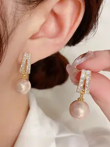 Elegant Pearl Pendant Earrings for Women, High-End Micro-Inlaid Zircon Studs, Silver Color Pin Trendy Ear Accessories
