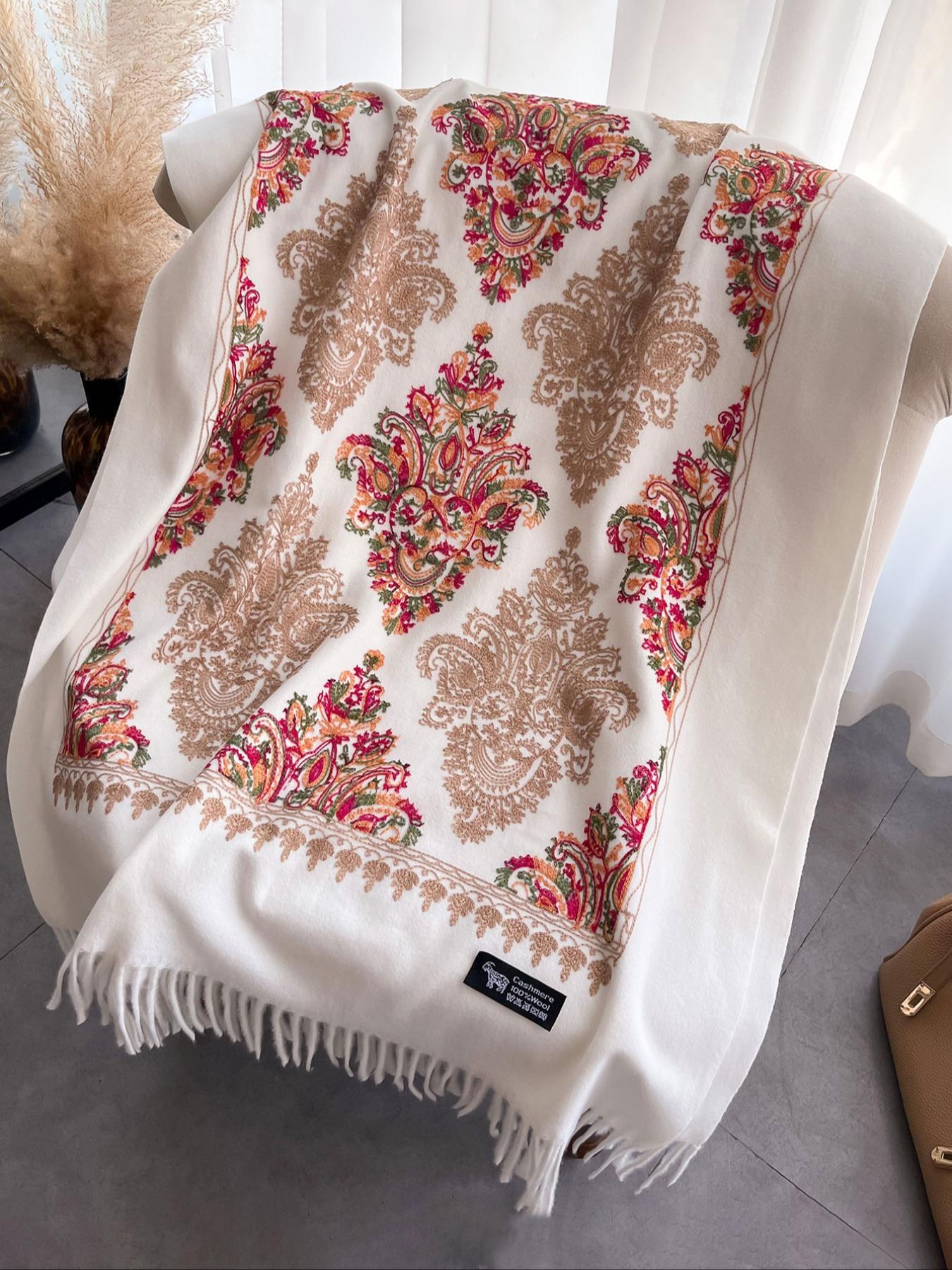 Boho Style Floral & Paisley Embroidery Tassel Decor Shawl, Trendy Casual Soft Warm Double Sided Scarf for Fall & Winter, Fashion Accessories for Women & Men