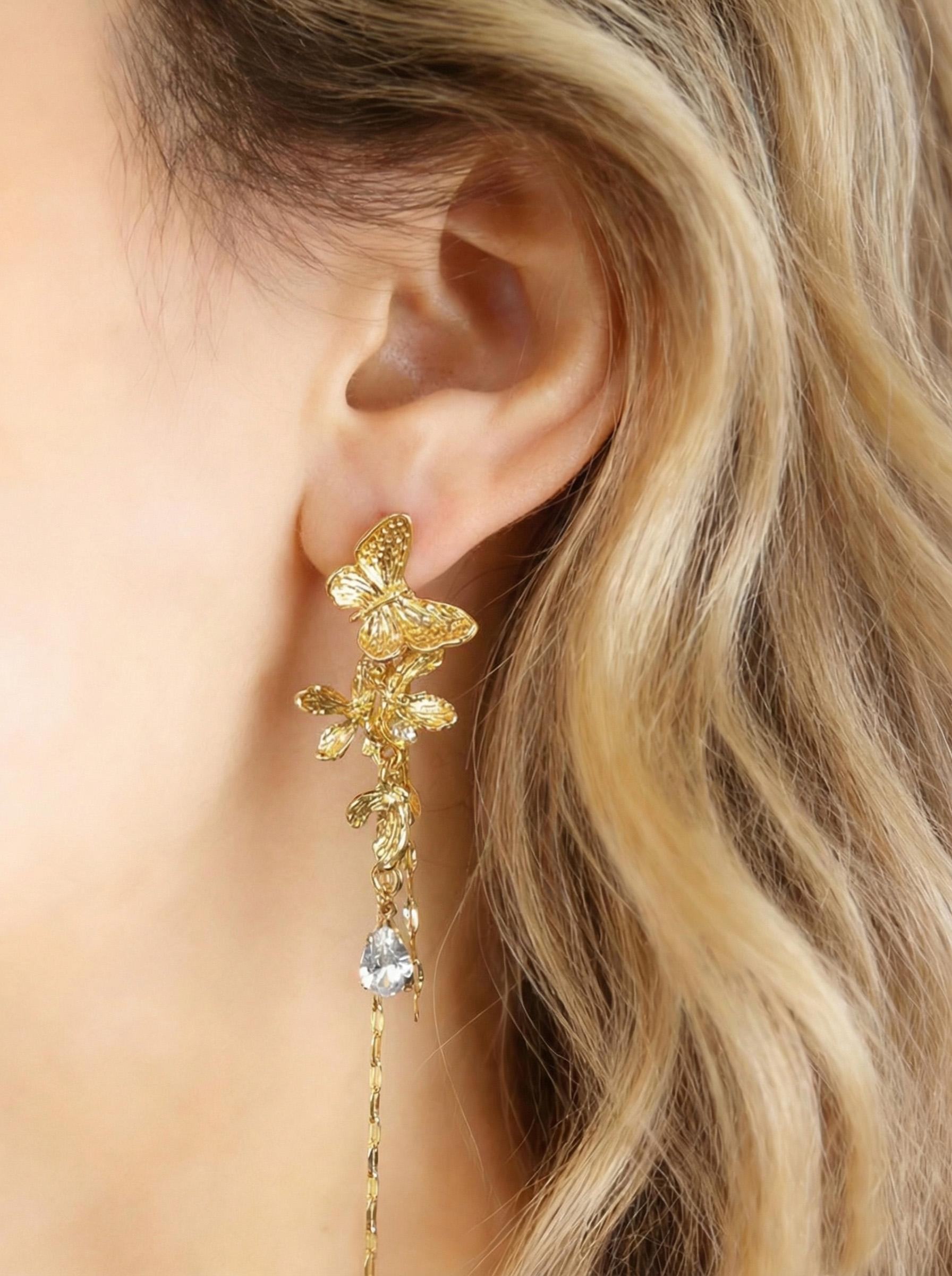 Butterfly Motif Earrings with Cubic Zirconia, Elegant Long Tassel Design, Perfect for Parties and Everyday Wear, Light-Luxury Style Jewelry