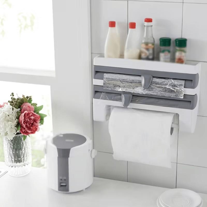 Durable Plastic Wall-Mounted Kitchen Organizer Rack with Built In Scissors And Foil Dispenser - Suitable for Parchment Paper, Foil, Baking Paper, Towels, And Rolls - a Home Storage Solution That Requires No Power