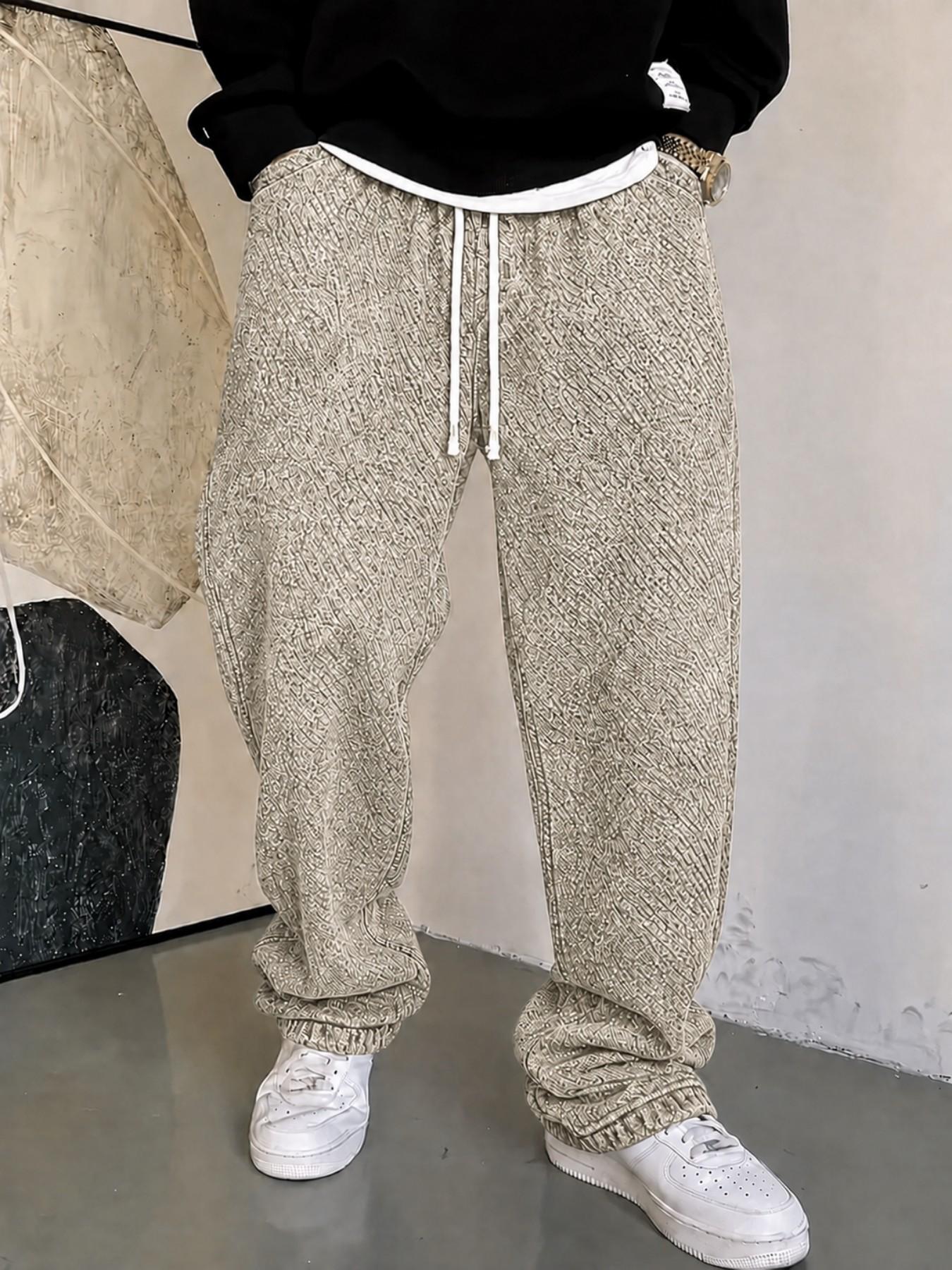 Men’s Burgundy Baggy Jeans with Allover Jacquard Pattern and Sparkling Rhinestone Details, Drawstring Wide Leg Streetwear Pants