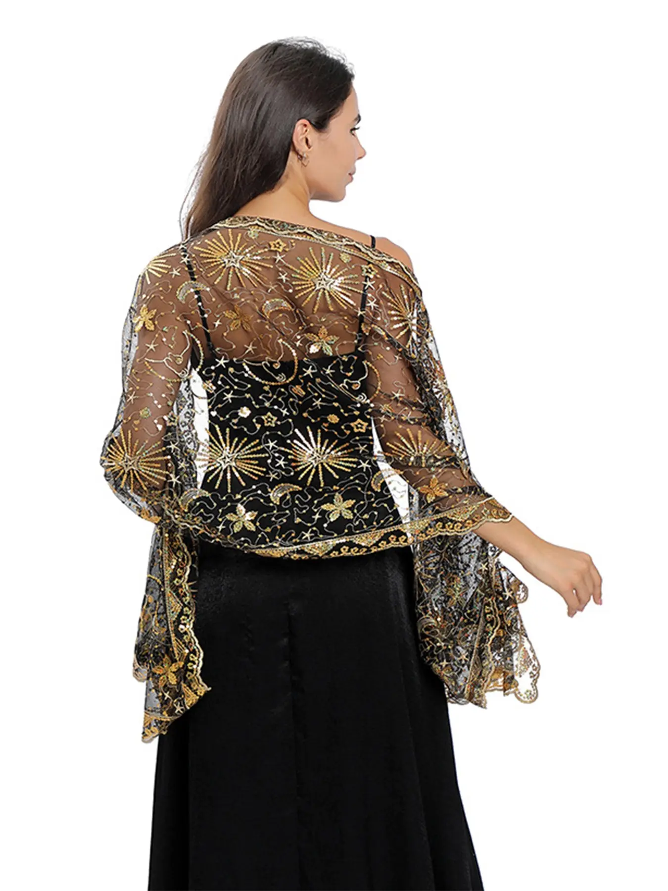 Star Moon Sequin Shawl, Embroidered Mesh Lace, Comfortable Lightweight Breathable, High-Quality Elegant Style, Perfect for Parties Weddings, Knitted Shawl