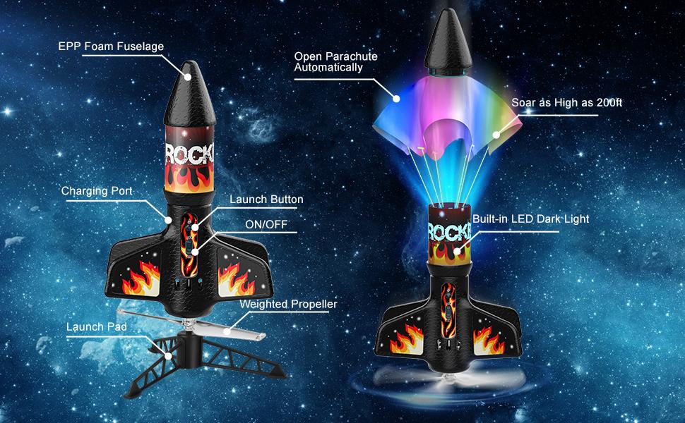 Rocket Launcher for Kids, Self Launching Motorized Air Rocket Toy, Outdoor Toys for Ages 8-12, Model Rockets with Parachute Safely Land, Launch up to 200 ft Birthday Gifts for Boys (Orange)  Aircraft