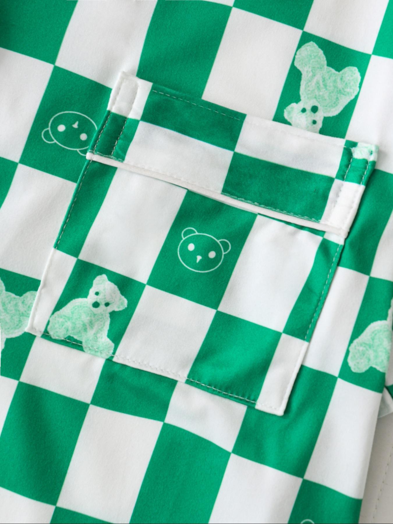 Women's Checkerboard Print Lapel Neck Pajama, Casual Comfy Short Sleeve Button Front Chest Pocket Design Top & Elastic Waist Shorts PJ Set, Ladies Summer Sleepwear Loungewear