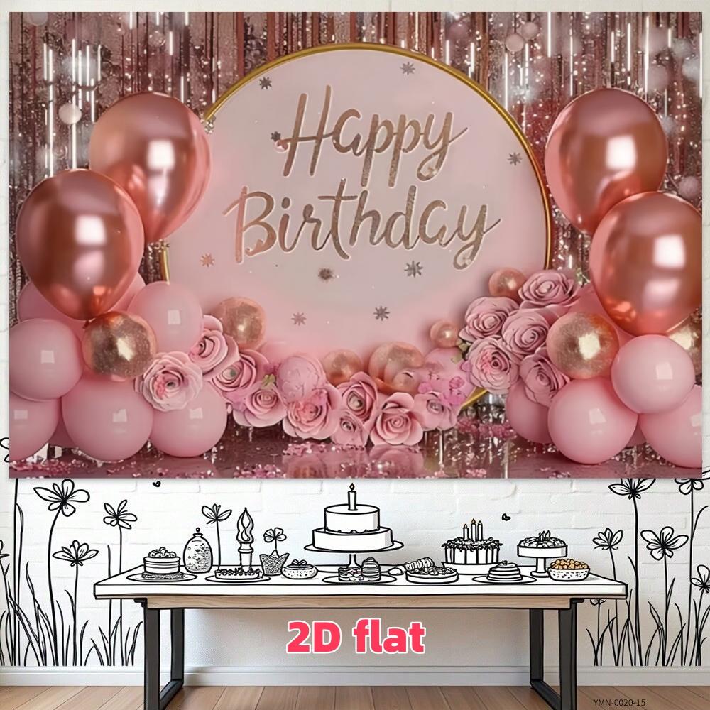 Pink birthday party backdrop banner with pink balloons and gift box elements. Made of polyester,suitable for living rooms, bedrooms, offices, birthdays, anniversaries, home décor, outdoor and indoor parties, photography backdrops, birthday party supplies