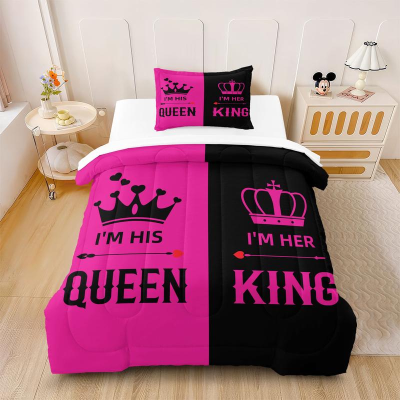 Romantic Valentine's Day “King Queen” Wedding Comforter Set,1 Comforter & 1-2 Pillowcases,Red Black Color blocking,Couples Gifts Engagement Newlyweds Gifts for His and Hers Gifts Exclusive for Couples