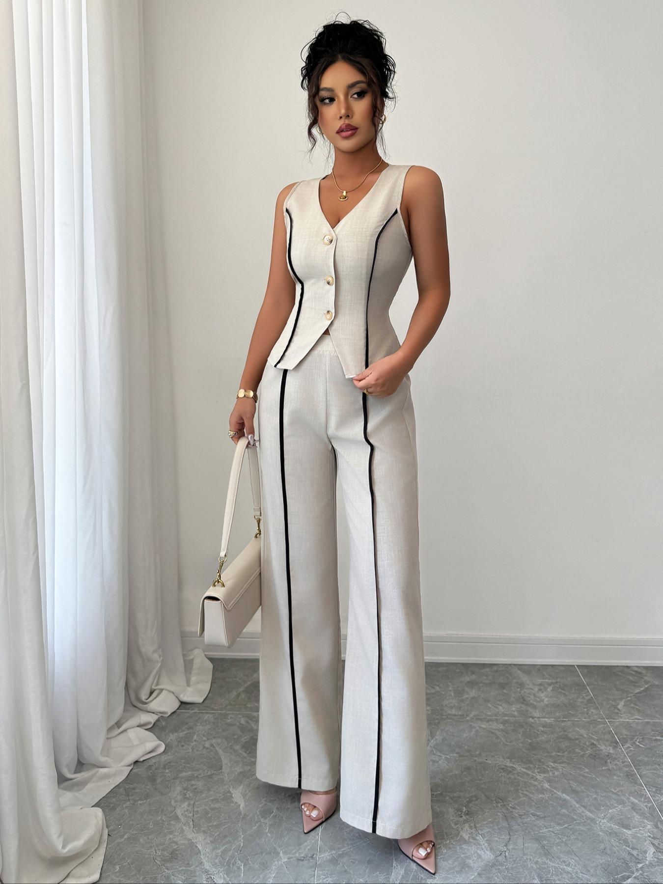 Colorblock V-Neck Sleeveless Vest Set with Wide Leg Pants, Spring & Fall Fashion, Slim Fit, Plain Pattern, Natural Waist