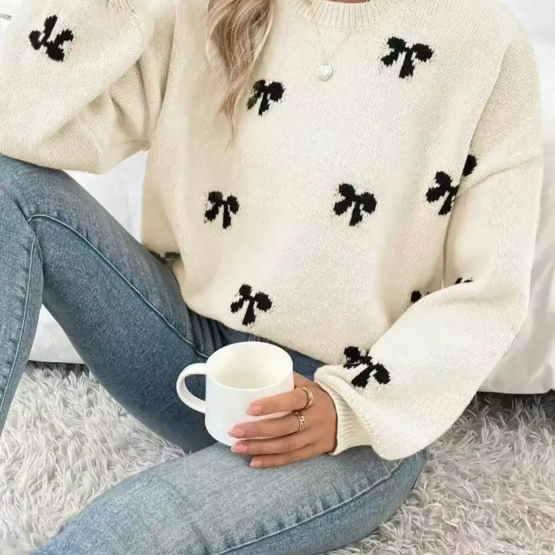 Elegant Bow Pattern Knit Pullover Sweater, Fitted Chic Long Sleeve Round Neck Casual Top for Fall & Winter, Women's Fashion Daily Wear