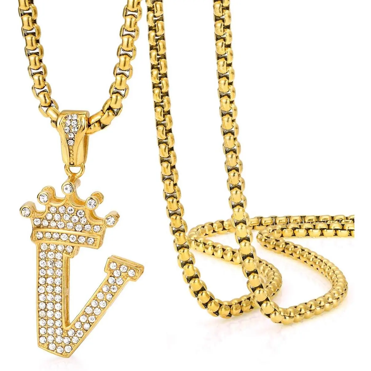 Crown Initial Letter Pendant Necklace Men Women  Hop Iced Out  Bling  A-Z Capital Alphabet Monogram Name  Personalized Custom Letters Cubic Zirconia Necklace, with 24" Chain