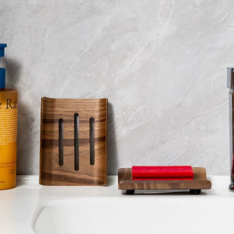 North European Style Simple Bathroom Soap Dish, Single Layer Walnut Soap Tray, Desktop Soap Holder, Water-Draining Soap Box