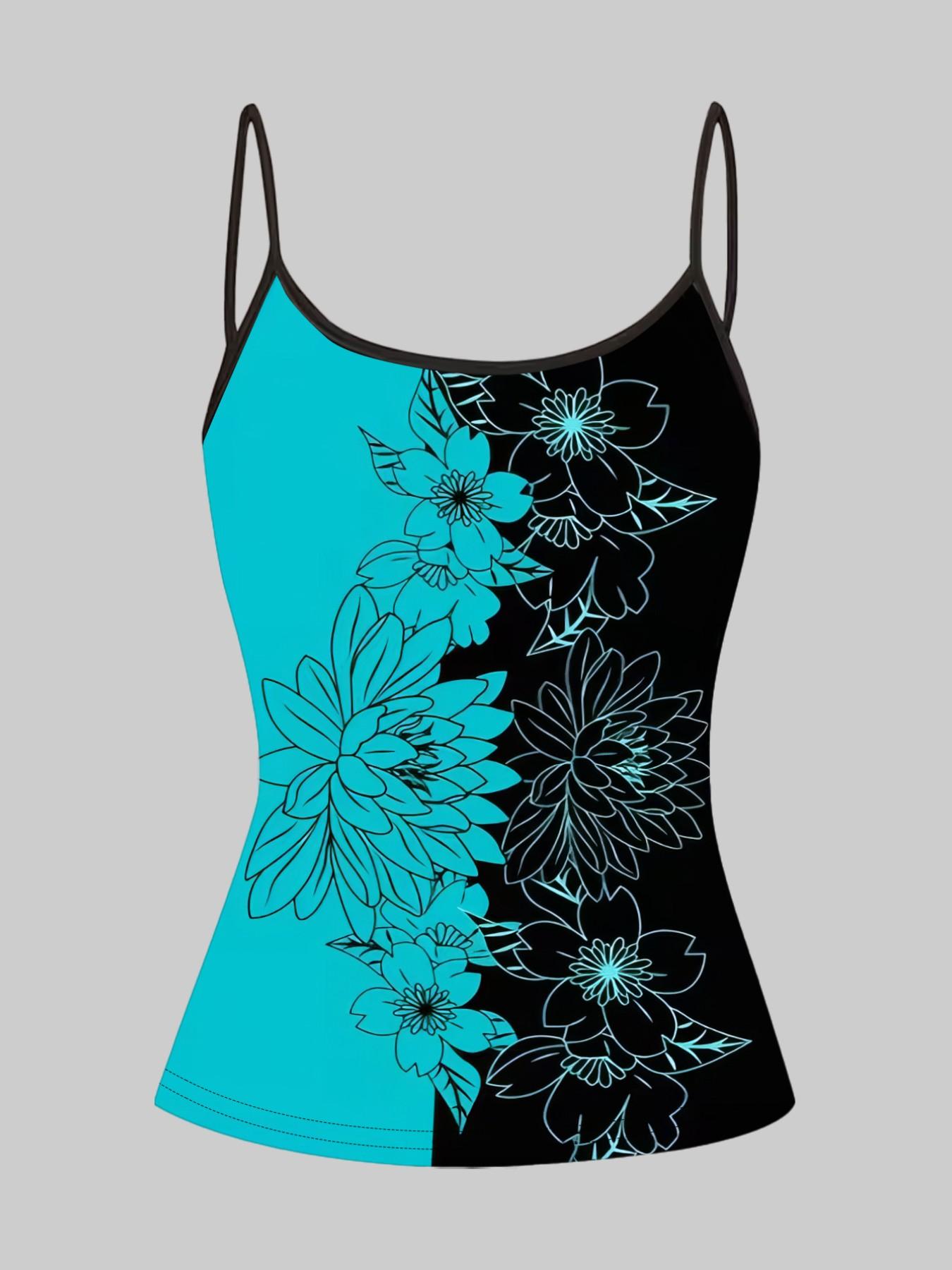 Lake Blue Floral Leopard Print Strappy Top, Summer Home Sleepwear Outerwear, Unique Slim Fit Shirt Set of Four Pieces