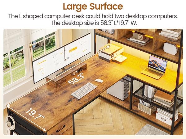 SEDETA 58-Inch L-Shaped Computer Desk with Storage, LED L-Shaped Gaming Desk with Storagefor Home Office Furniture Gaming