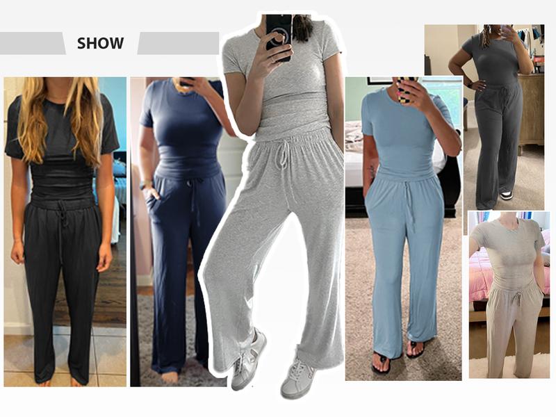 FireSwan Women's Solid Short Sleeve Two Piece Set, Drawstring Wide Leg Sweatpants Ruched Crop Top Matching Set Casual Outfits Pajamas，Ladies Fall Matching Sets Going Out