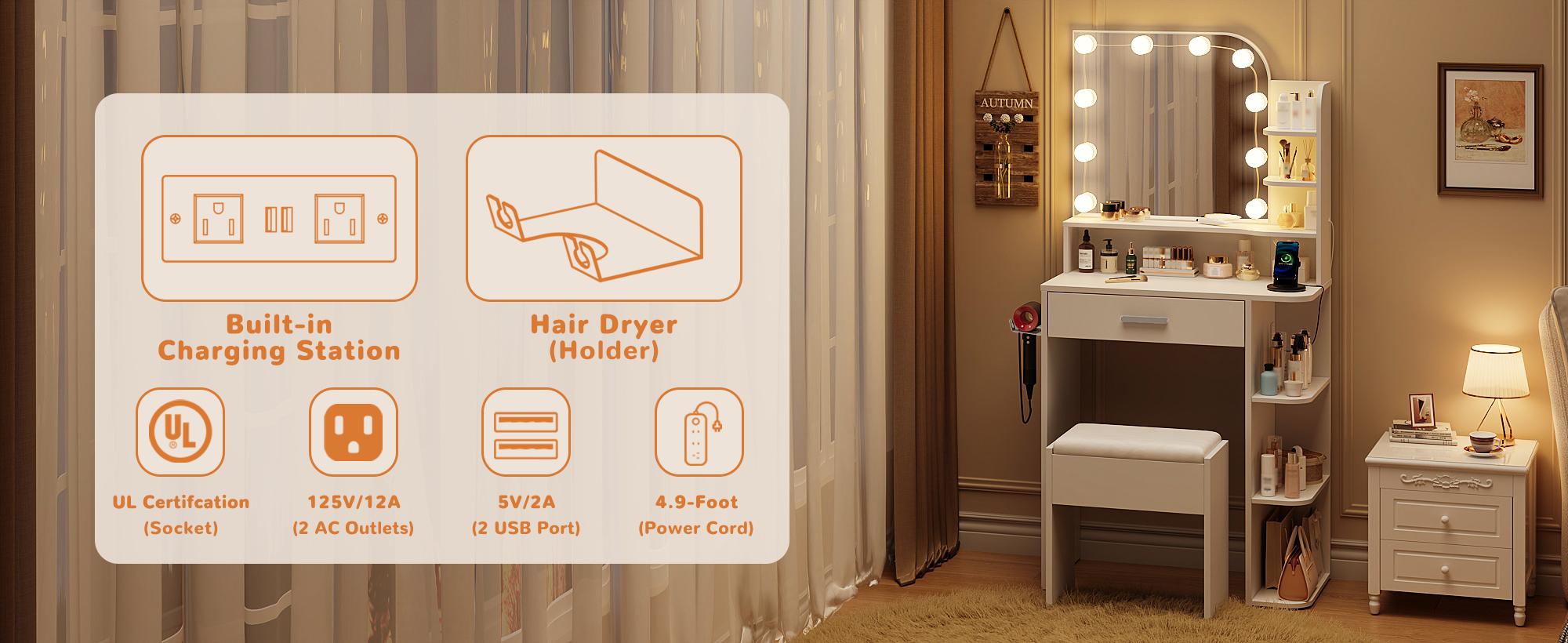 Linor Small Makeup Vanity Desk with Mirror and Lights, 26.4 Small Vanity for Small Space with Stool and Charging Station, Compact Vanity with 3 Color Lighting Modes (White)