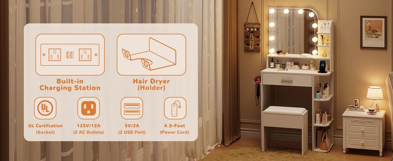 Linor Small Makeup Vanity Desk with Mirror and Lights, 26.4 Small Vanity for Small Space with Stool and Charging Station, Compact Vanity with 3 Color Lighting Modes (White)