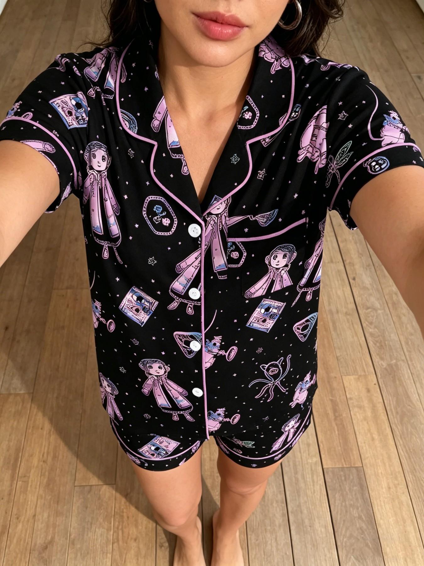 Dreamy Macaron Cartoon Print Pajama Set, Short Sleeve and Shorts, Lightweight Pure Cotton, Ideal for Home Relaxation