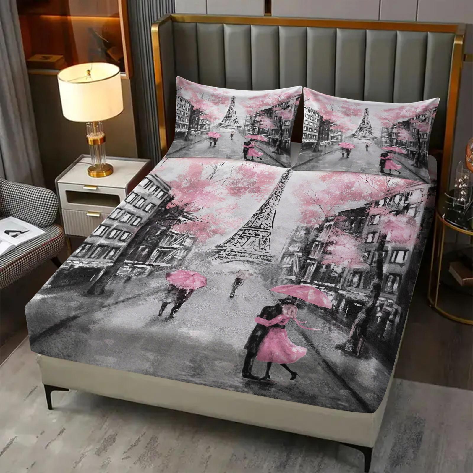 Paris Tower Print Bed Sheet Set, Comfortable Printed Pattern, Includes 1 Fitted Sheet & 2 Pillowcases, Anti-Slip Dustproof Cover