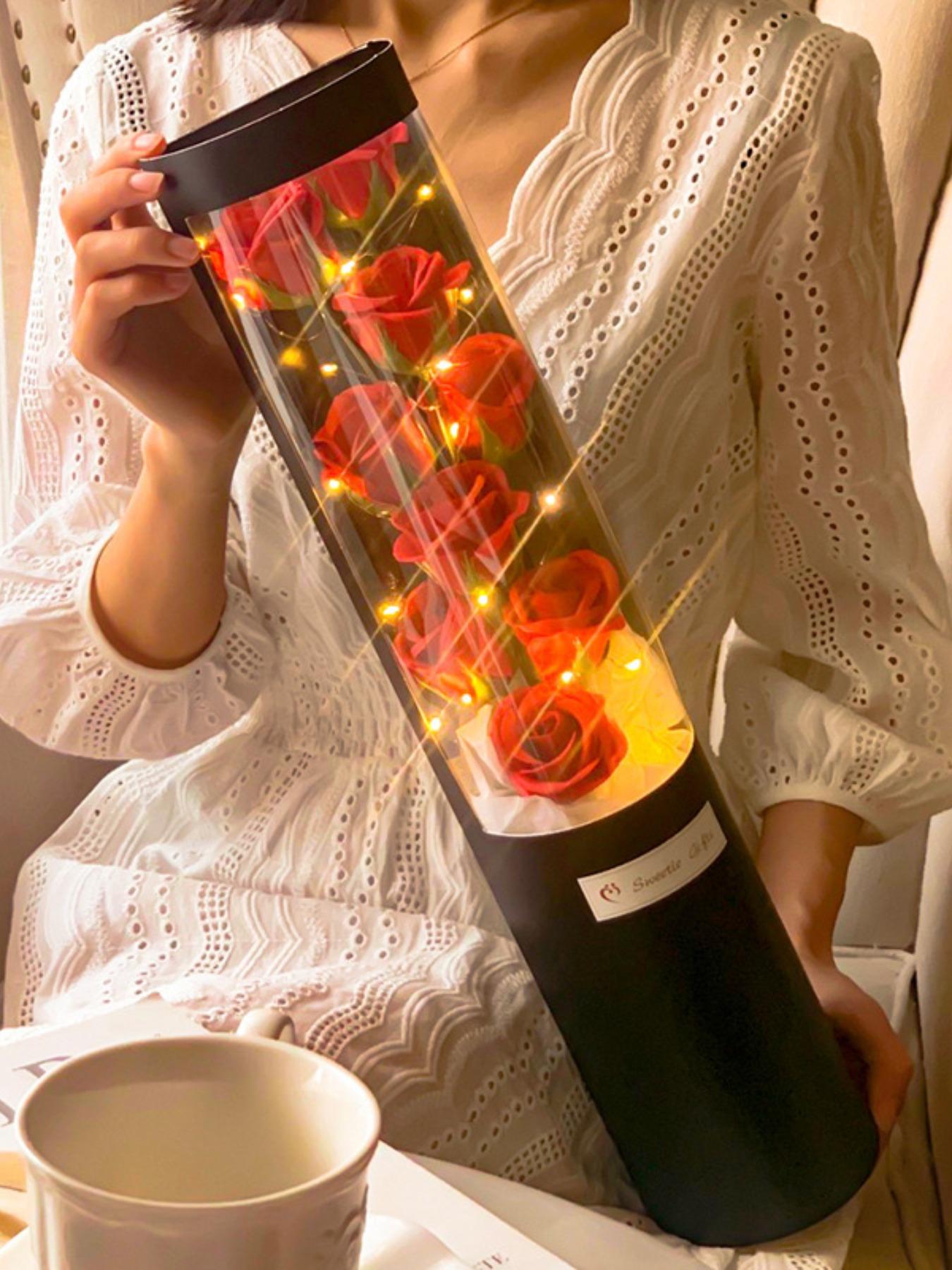 Valentine's Day Custom Rose Bouquet Hug Bucket, Realistic Artificial Flowers, Star Lights, Anniversary Romantic Gift, Wedding Party Decor