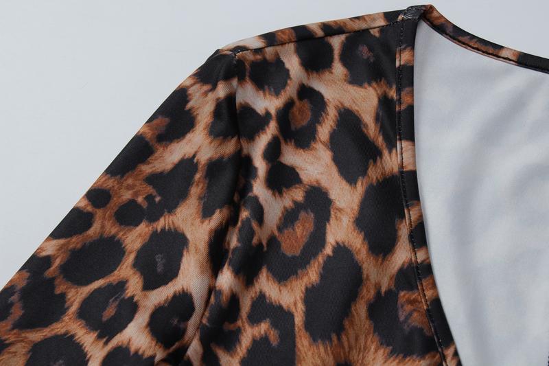 Women's Leopard Print V Neck Long Sleeve Romper, Ladies Spring Fall Winter Party Club Date Holiday Daily Casual One-piece Set Shorts Jumpsuits Playsuits For Everyday Wear