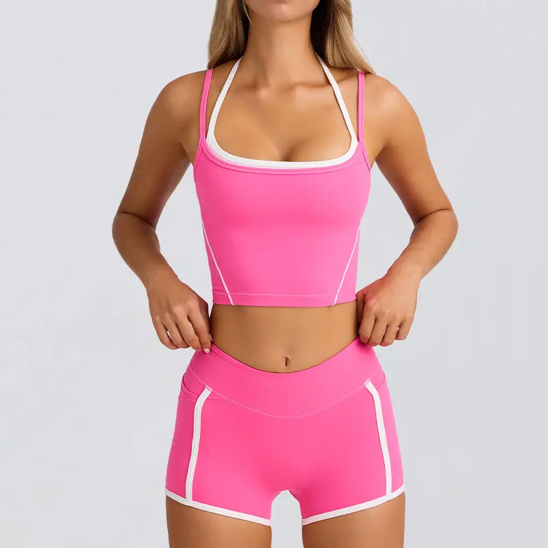 Women's 2-Piece Workout Activewear Set, Fake Layer Cami Sports Bra + High Waist Shorts, Breathable Gym Fitness Outfit
