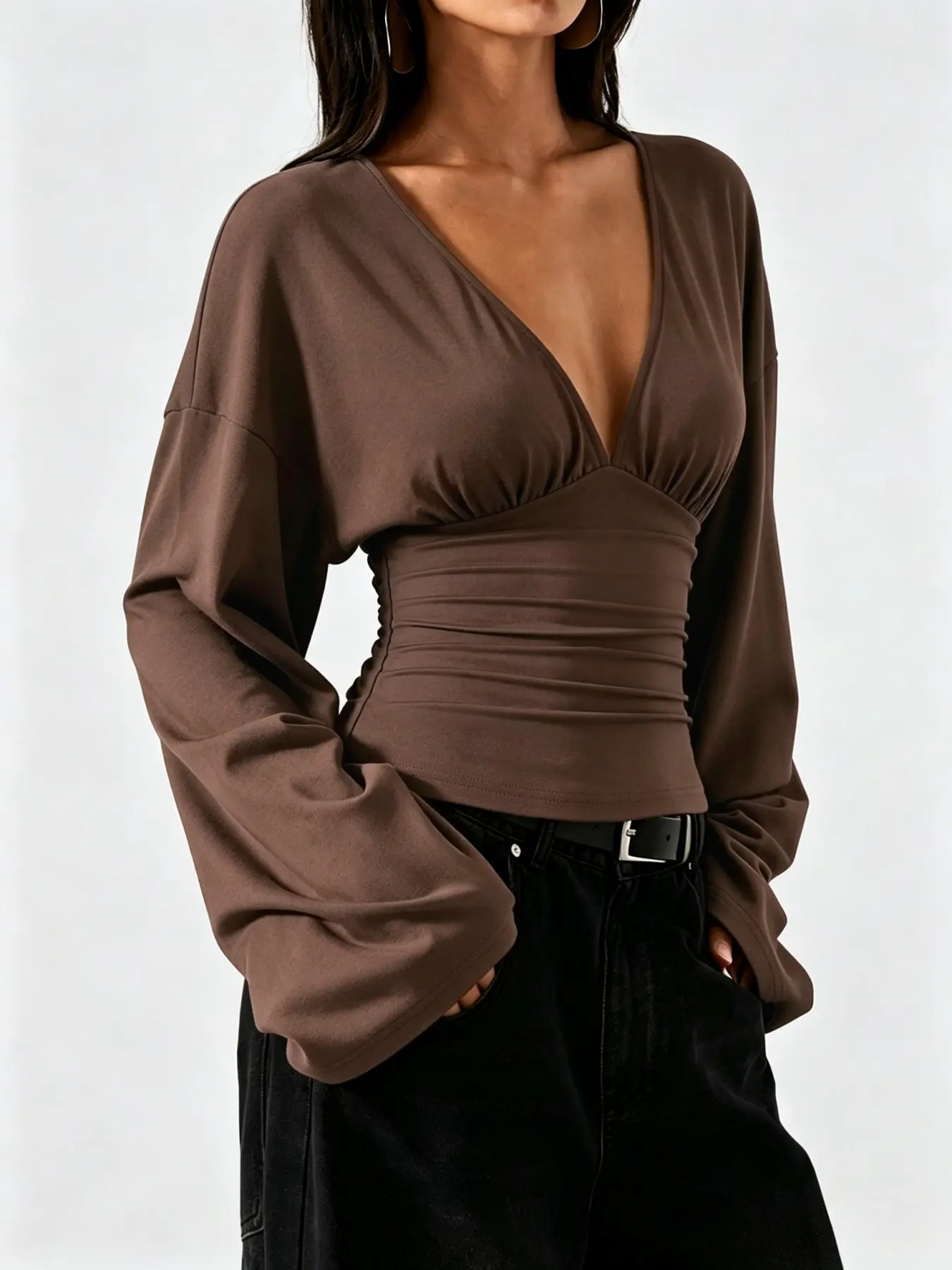 Casual Slim-Fit Long Sleeve T-Shirt, V-Neck Backless Design, Plain Surface, All Seasons Wear, Ideal for Daily & Office