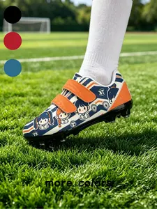 1 Pair Kids Velcro Football Cleats With Blue White Stripe & Braided Chibi Girl TK Logo Print, Refreshing College Sports Style, Non-slip Black Stud Sole & Wear-resistant Upper, Soccer Shoes For Boys And Girls Grass Training & School Competitions