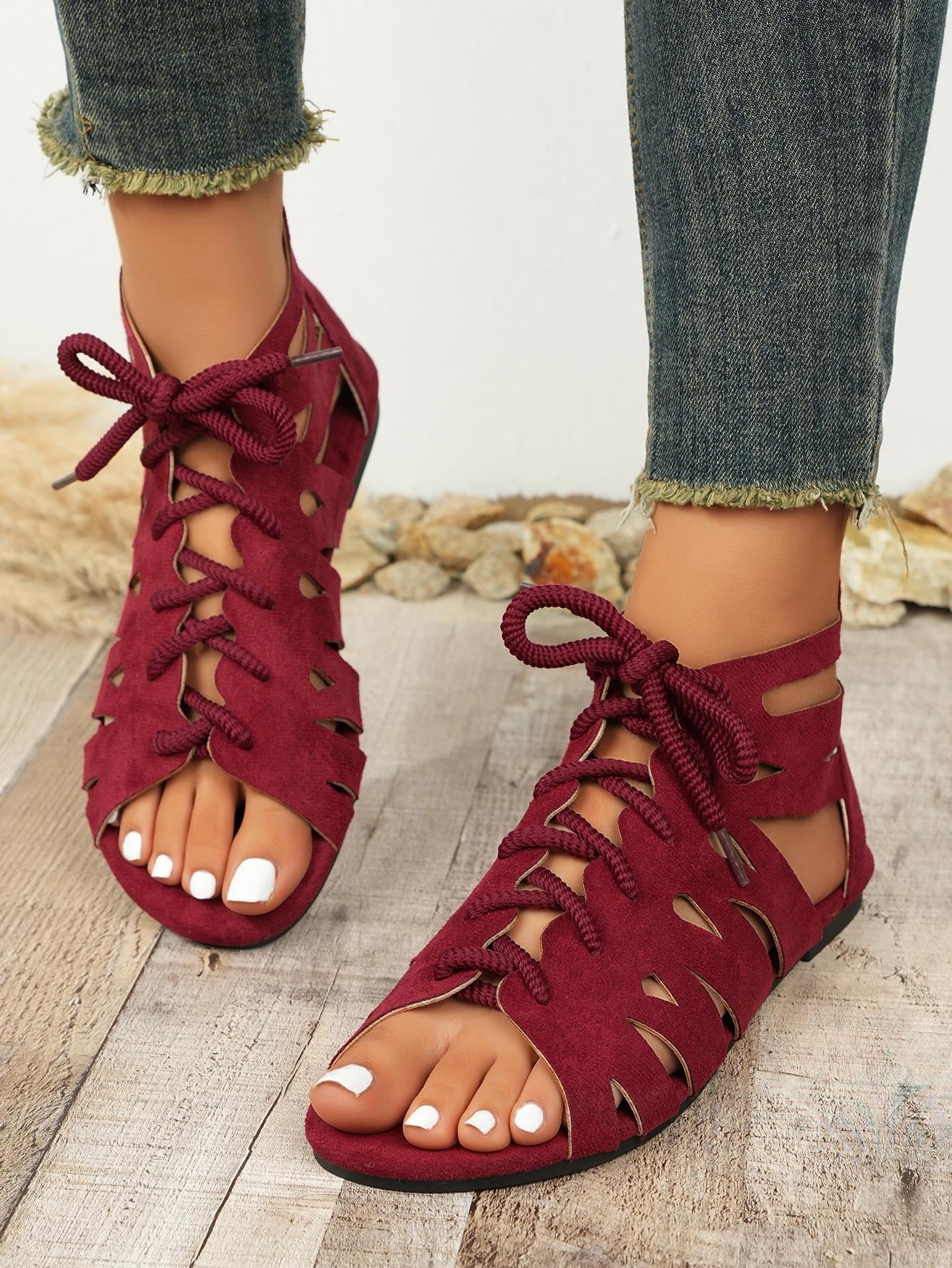 Cutout Lace-Up Gladiator Sandals for Women, Summer Open Toe Flat Sandals, Vintage Boho Versatile Beach Shoes