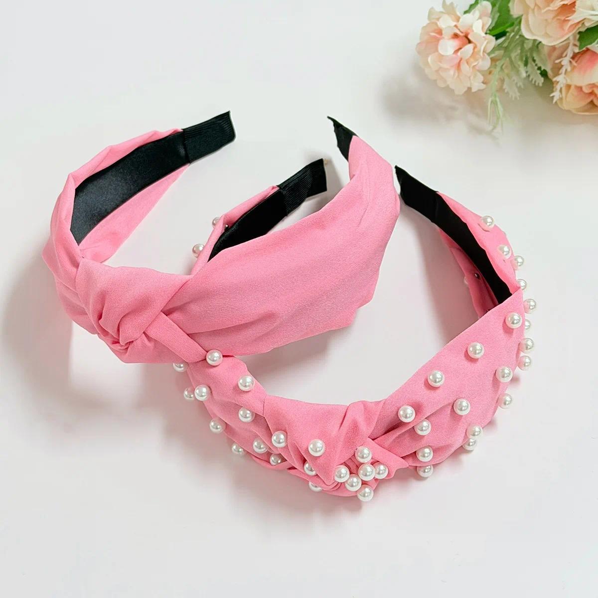 Fabric Hair Bands Wide Edge Sweet Elegant Valentine's Day Hair Accessories New Pink System Pearl Checkerboard Flowers