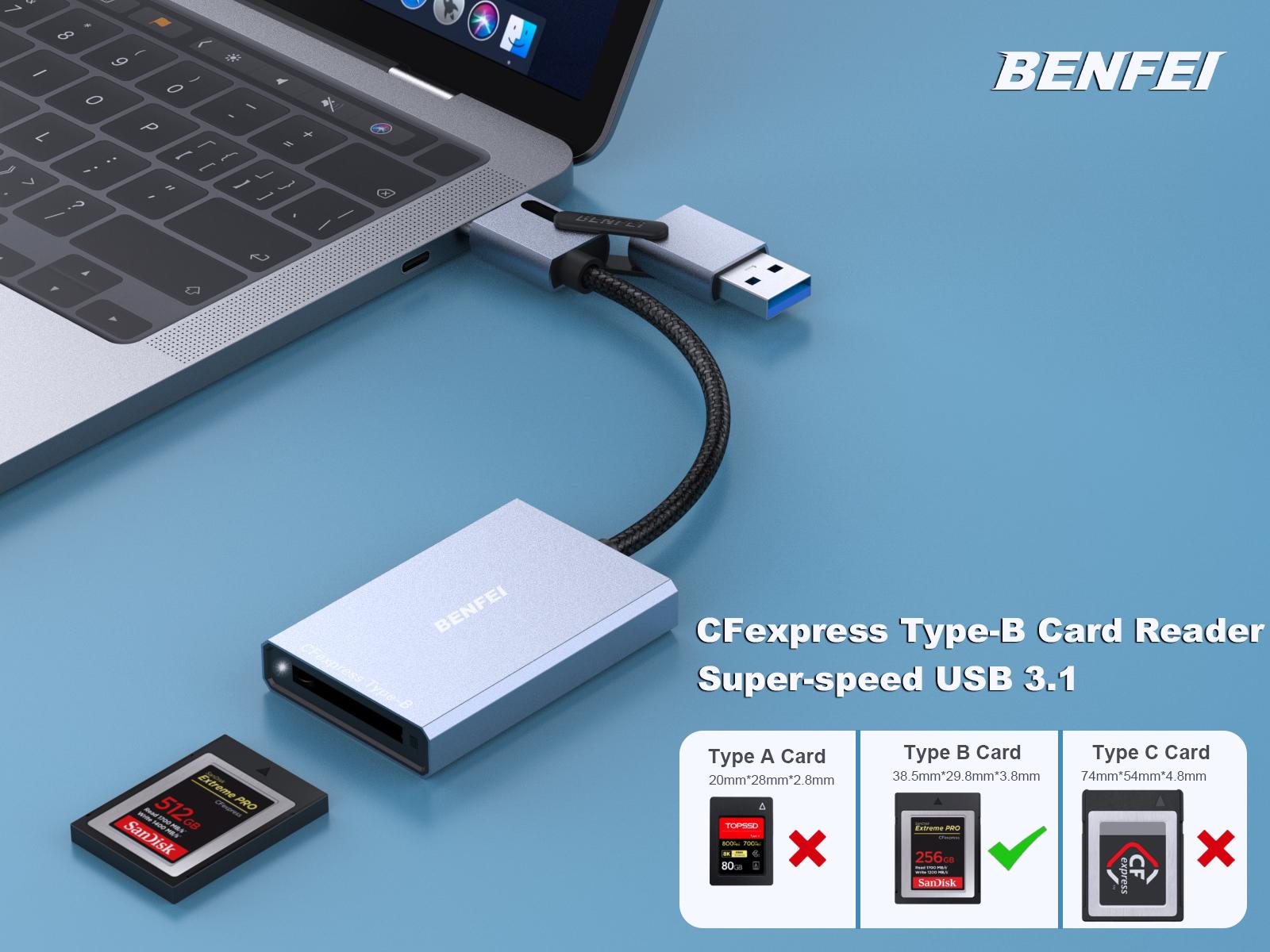 BENFEI CFexpress Type B Card Reader with USB 3.2 (Gen 2) 10Gbps, USB-C&USB-A 2-in-1 Plug Camera