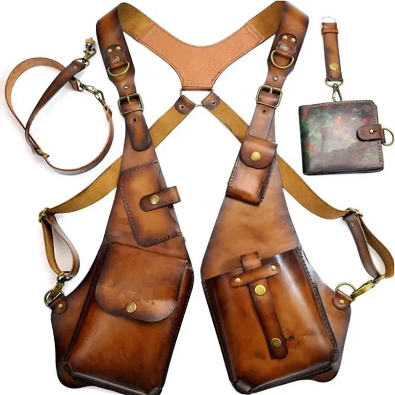 Effortless Vintage Brown Leather Underarm Harness Bag Steampunk Double Shoulder Pouch Anti Theft Travel Waistcoat Wallet Phone Bag Adjustable Harness Rig Motorcycle Streetwear Accessories