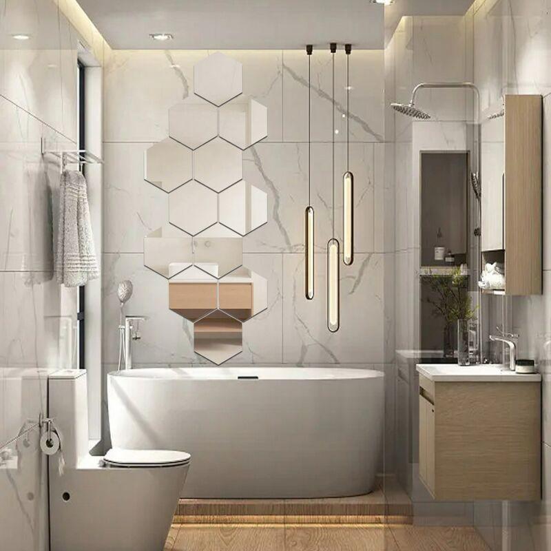 12Pcs Hexagon Acrylic Mirror Wall Stickers, 3D Self-Adhesive DIY Hexagonal Mirror Wall Decals, Modern Minimalist Nordic Style Shatterproof Wall Art Decor for Living Room Bedroom, Make Room Look Bigger, Easy Install
