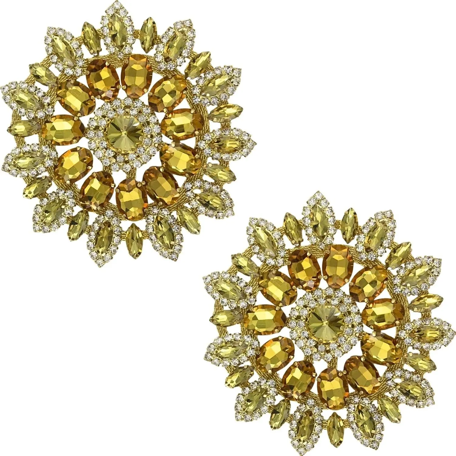 2 Pcs Yellow Gold Rhinestone Applique Flower Crystal Patches Trim Clothing Diamond Embellishments for Bridal Wedding DIY Dresses Fabric Accessories