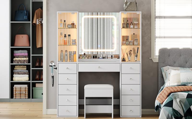 FUSOU 11 Drawers Makeup Vanity with Charging Station, Vanity Desk with LED Mirror & 2 Glass Cabinet, 3 Color Modes, Brightness Adjustable, Glass Top, Dressing Table with Chair for Bedroom (11 Drawers)