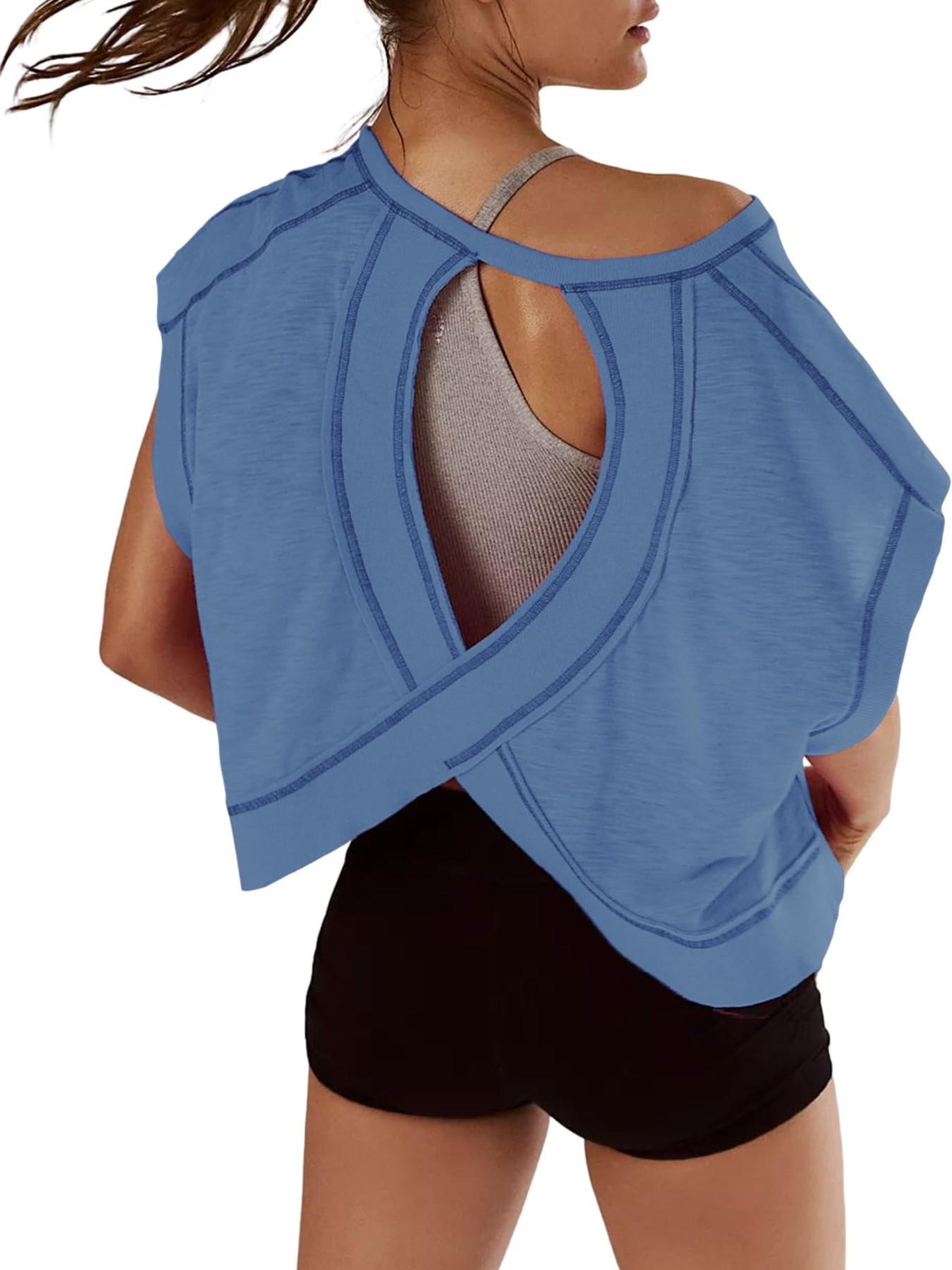 Women's Sporty Hoodie Round Neck Loose Fit Casual Sports T-Shirt, Gym Yoga Tops, Backless Hollow Design, Pure Color Skin-Friendly Yoga Wear