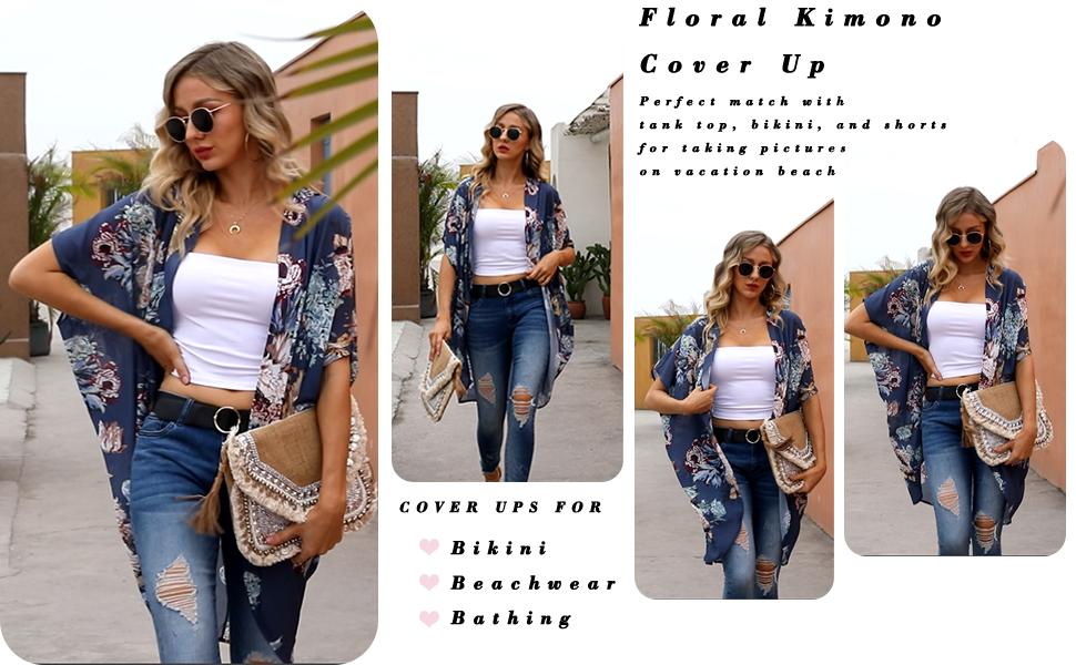 Danedvi Womens Oversized Floral Kimono Cardigans Summer Casual Batwing Sleeve Shawl Chiffon Open Front Cover up