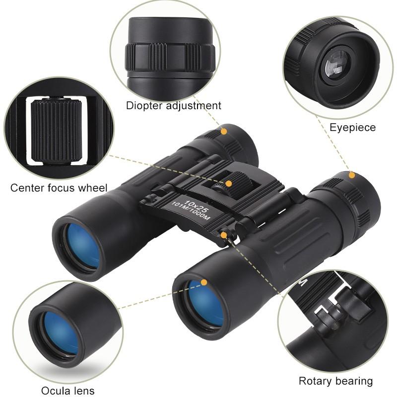 Compact 10x25 Binoculars with Lanyard and Storage Bag, Foldable Outdoor Enthusiast Choice, Multi-Coated Lens, 15mm Eyepiece Diameter