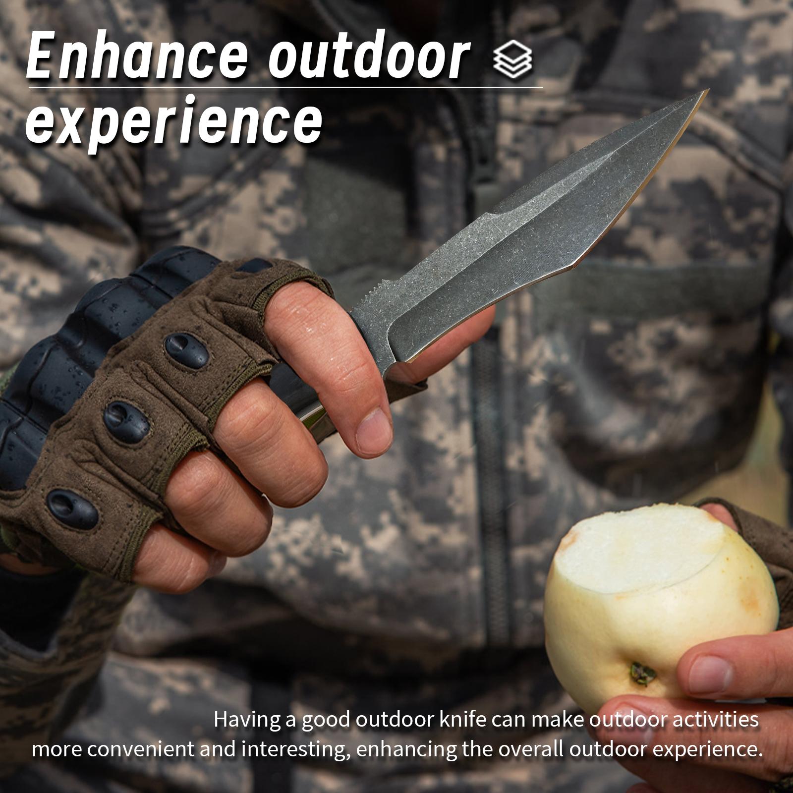High-carbon steel knife A meat cleaver for professional .fruit cutting， It has a fixed blade and comes with a  sheath. The blade surface is stone-washed, making it sturdy and durable. The handle is comfortable and ergonomically designed, fathersdaygifts