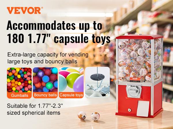 VEVOR Gumball Machine for Kids, 21 Height Home Vending Machine, PS Bouncy Balls Dispenser, Hold 180 Capsule Toys, Rectangle Bubble Gum Machine for Game Stores, Coin Operated Gumball Bank, Red
