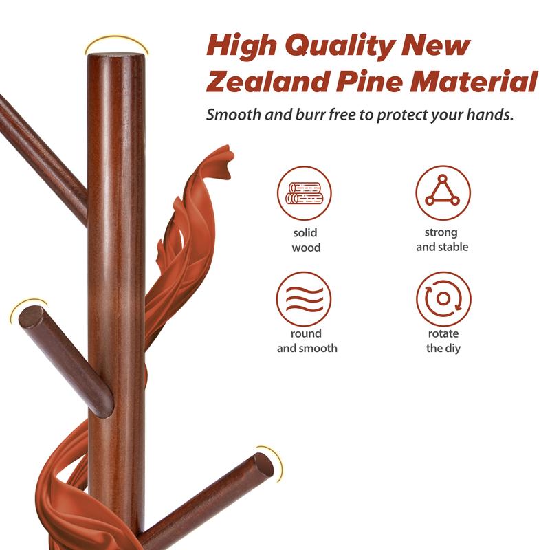 Wooden Coat Rack, Free Standing Coat Rack with 8 Hooks 3 Adjustable Heights for Clothes, Hats, Handbags, Coat Tree Easy Assembly for Entryway, Bedroom, Hallway, Office Minimal Organizer