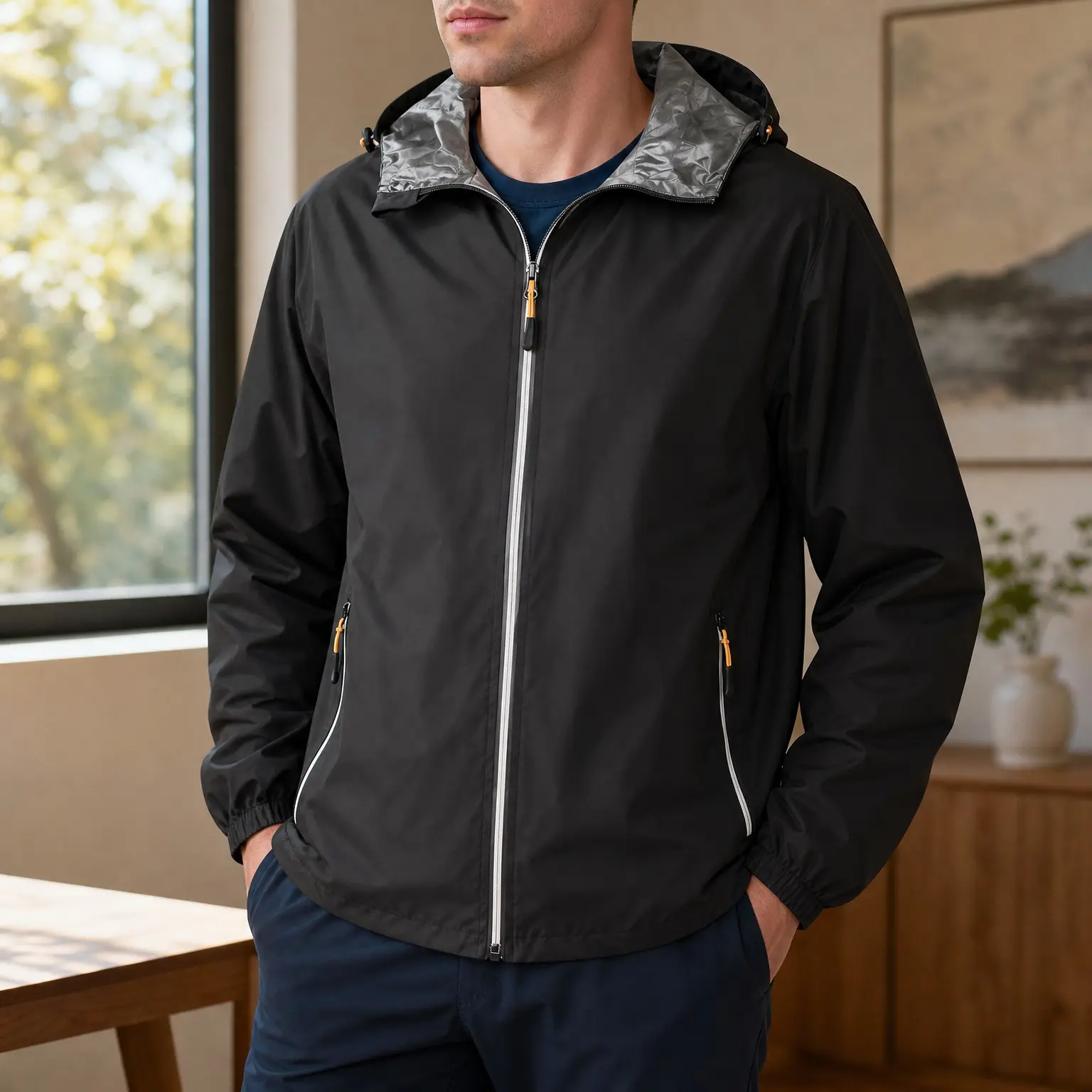 Men's Lightweight Packable Waterproof Rain Jacket with Reflective Zipper for Outdoor SportsGift