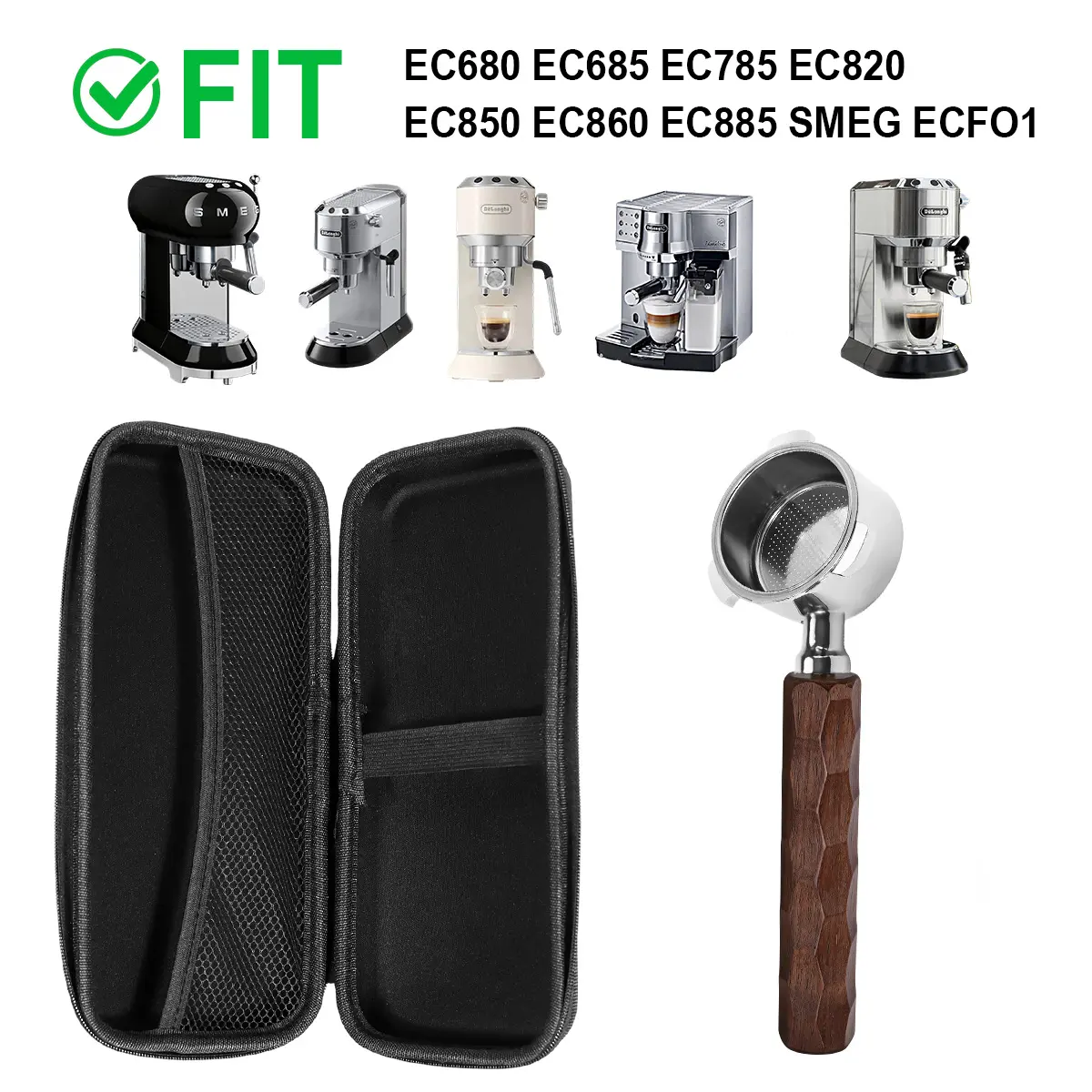 51mm Bottomless Portafilter 3 Ears, Yprofessional Espresso Portafilter for De-Longhi Ec680, Ec685 & Ec885, Stainless Steel Basket and Wood Handle, Coffee Equipment, Espresso Accessories, Espresso Tools