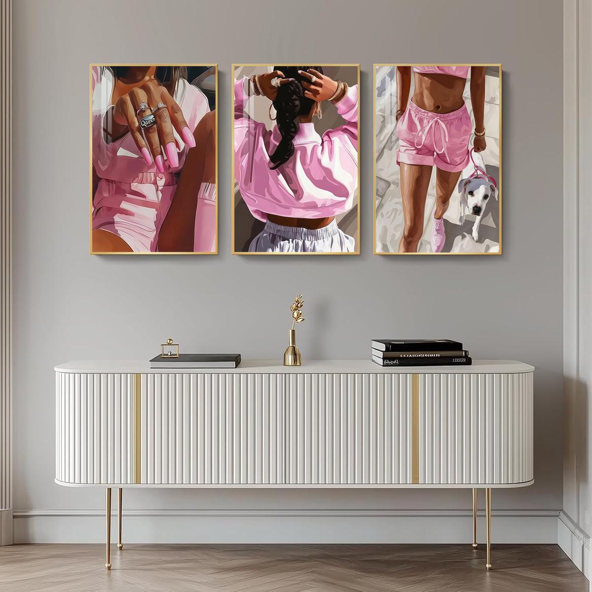 3 Counts Aluminum Alloy Framed Painting, Pink Fashion Woman With Dog And Jewelry Pictures, Home Decoration For Living Room, Bedroom, Office, Restaurant, Hallway Wall Decor, Odorless Print Artwork, Luxury Perfect Gift For Friends And Family