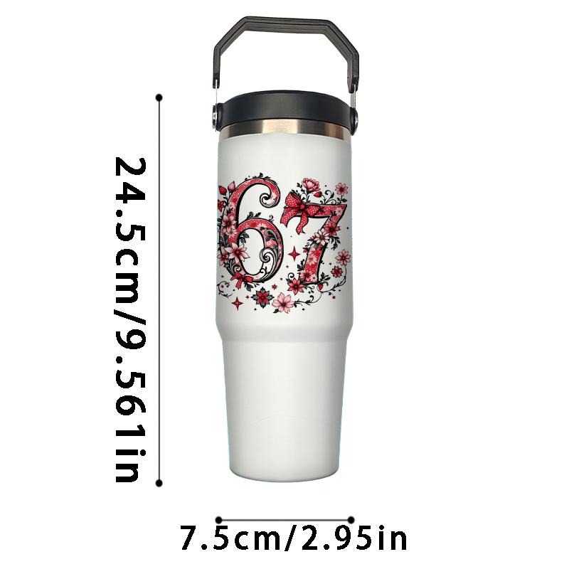 30oz Handheld Insulated Cup with Rose Pattern, Large Capacity Stainless Steel Water Bottle with Straw, Ideal for Sports Outdoor Home Travel Gift
