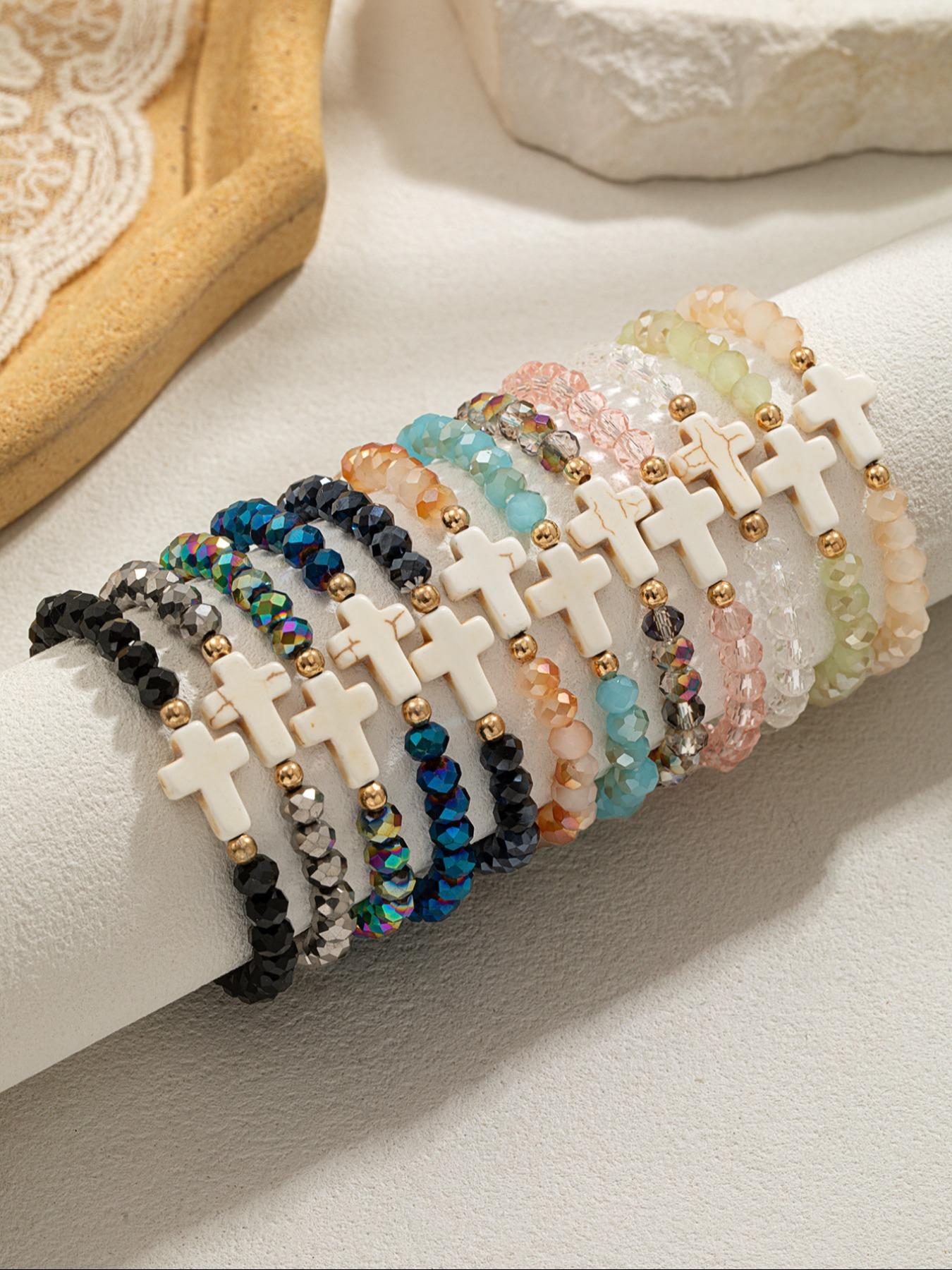 12 Piece Fashion Vintage Colorful Artificial Crystal and Turquoise Beaded Cross Pendant Multi-Layer Stackable Bracelet Set, Unisex Bracelets, Stacking Bracelet, Dainty Crystal Bracelet, Stacked Design Bracelets