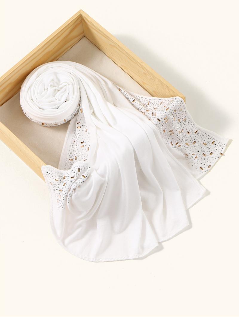 Women's Elegant Rhinestone Handmade Water Drill Headscarf Scarf, Soft Breathable Knitted Jersey Hijab Shawl Cap, All-Season Fashion Accessory