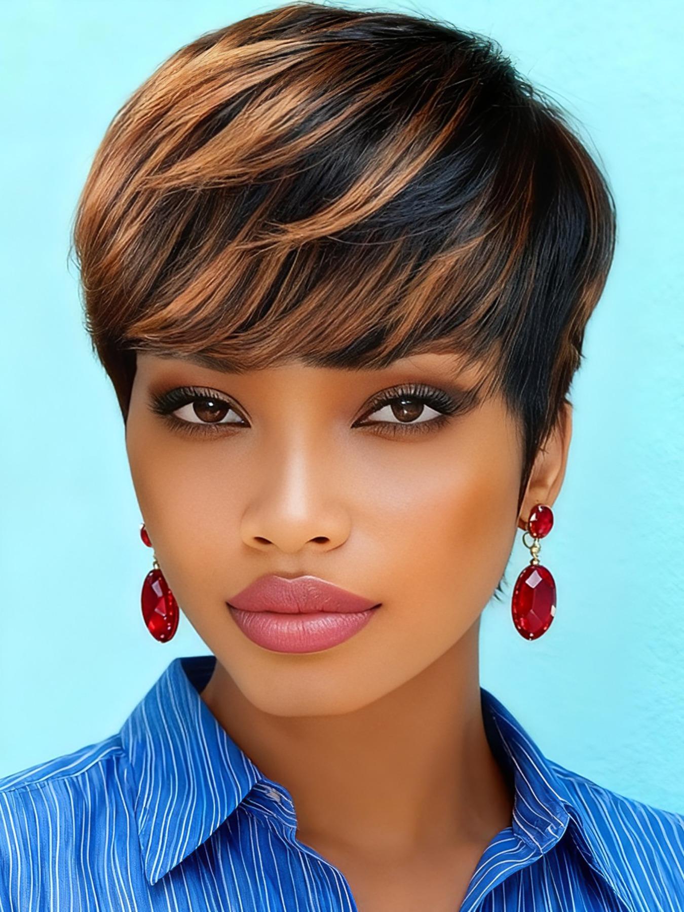 Short 1b/30 Highlight Human Hair True Scalp Wig, Straight Pixie Cut, Full Machine Made, Natural Looking, for Women, Daily Wear