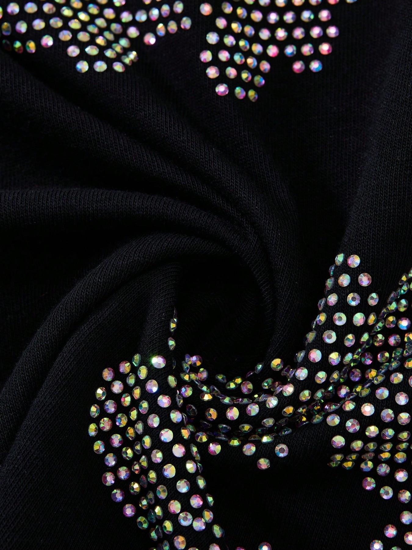 Viral Sparkle Rhinestone Flower Graphic Men Oversized T-Shirt, Black Hotfix Bling Aesthetic Streetwear Tee, Y2K Loose Casual Top, Hip Hop Night Club Party All Match Trendy OOTD #MensFashionTok #RhinestoneFit #StreetStyle #GrungeAesthetic