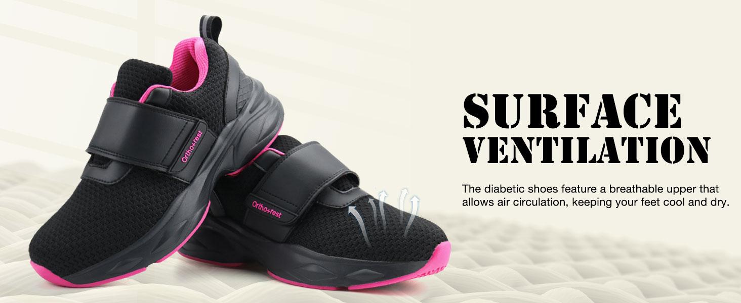 Ortho+rest Women Accommodating to Diabetic-Friendly Shoes with Adjustable Closure Walking Shoes Edema Shoes Suitable for Swollen Feet Sneaker Girl Runner Black Springtok Training