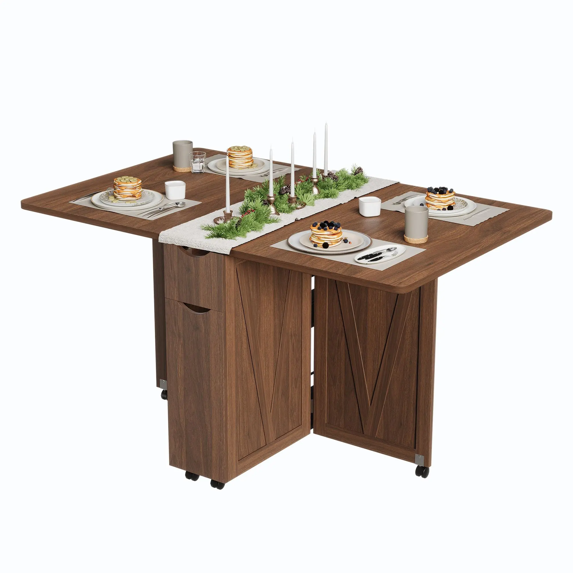 Garvee Space-Saving Drop-Leaf Folding Dining Table with Storage - Rolling Kitchen Table on 6 Wheels - Drawer & Shelves, Extendable for Small Spaces, White