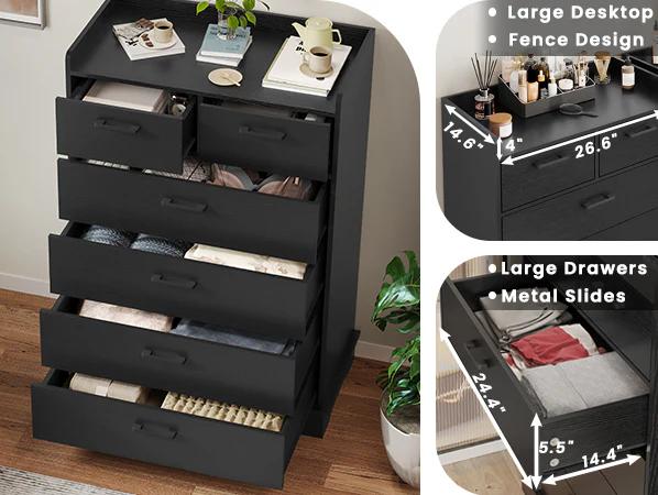 Sikaic 6 Drawers Dresser Wooden Vertical Large Capacity Storage Chest Luxury Bedroom Furniture Apothecary Cabinet Modern Cupboard Organization Organizer Interior